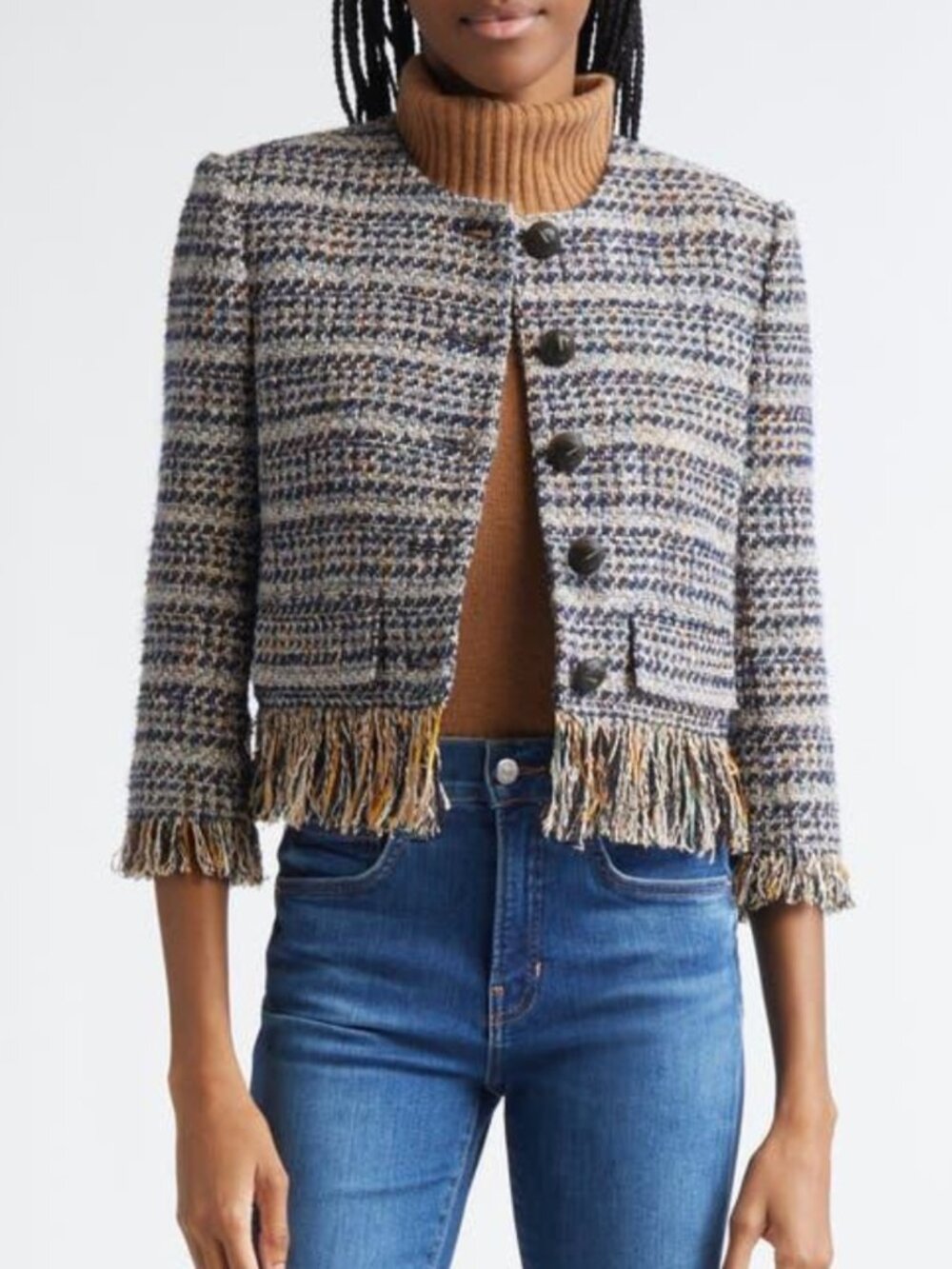 Veronica Beard Navy Multicolor Tweed Fringe Cropped Jacket Size 6